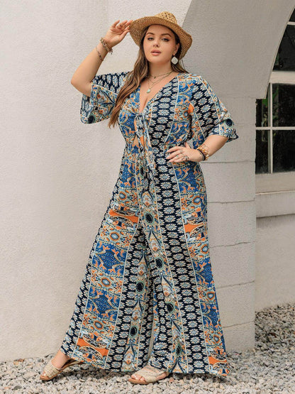 Plus Size Printed Half Sleeve Wide Leg Jumpsuit for Women