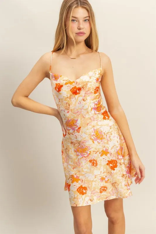 HYFVE Floral Cowl Neck Flirty Satin Mini Dress