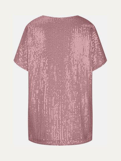 Full Size Sequin V-Neck Short Sleeve Top for Women