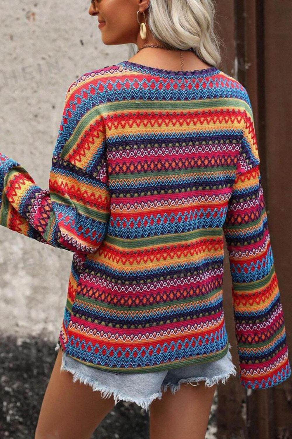Contrast Round Neck Long Sleeve Top for Women Fashion