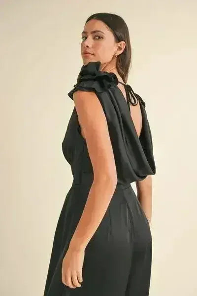 3D Floral Jumpsuit - Cowl Neck Satin Romper | Femstylo