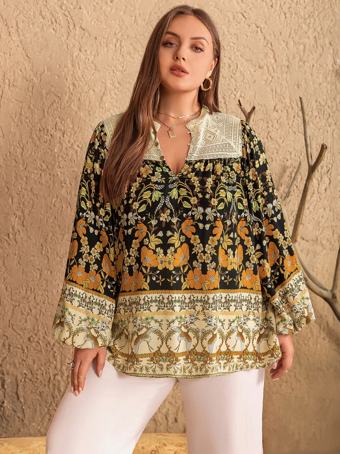 Plus Size Floral Print Notched Blouse