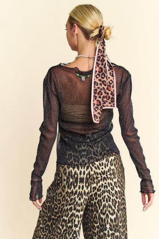 Davi &amp; Dani Glitter Mesh Lettuce Hem Long Sleeve Top for Women