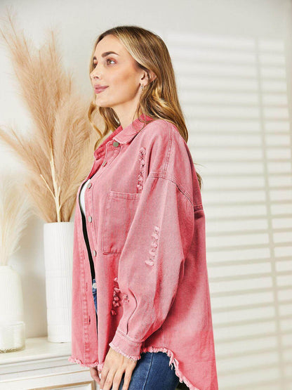 Distressed Raw Hem Denim Jacket for Relaxed Fit Style