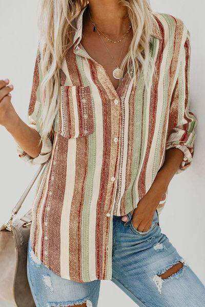 Striped Collared Neck Long Sleeve Shirt for Women Fashion