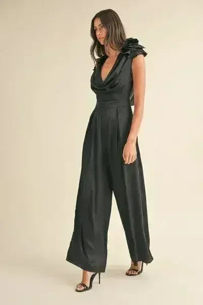 3D Floral Jumpsuit - Cowl Neck Satin Romper | Femstylo