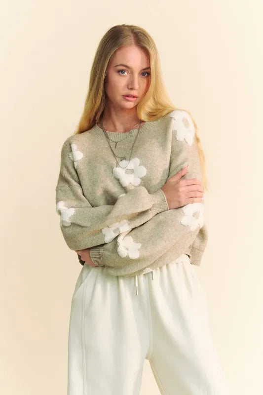Davi &amp; Dani Floral Drop Shoulder Cropped Sweater