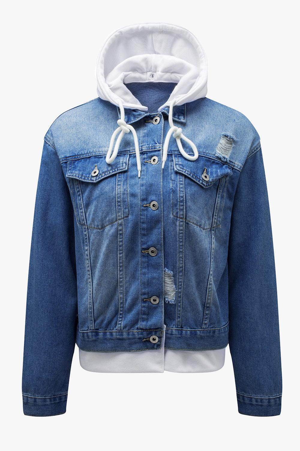 Distressed Hooded Denim Jacket for Trendy Casual Style