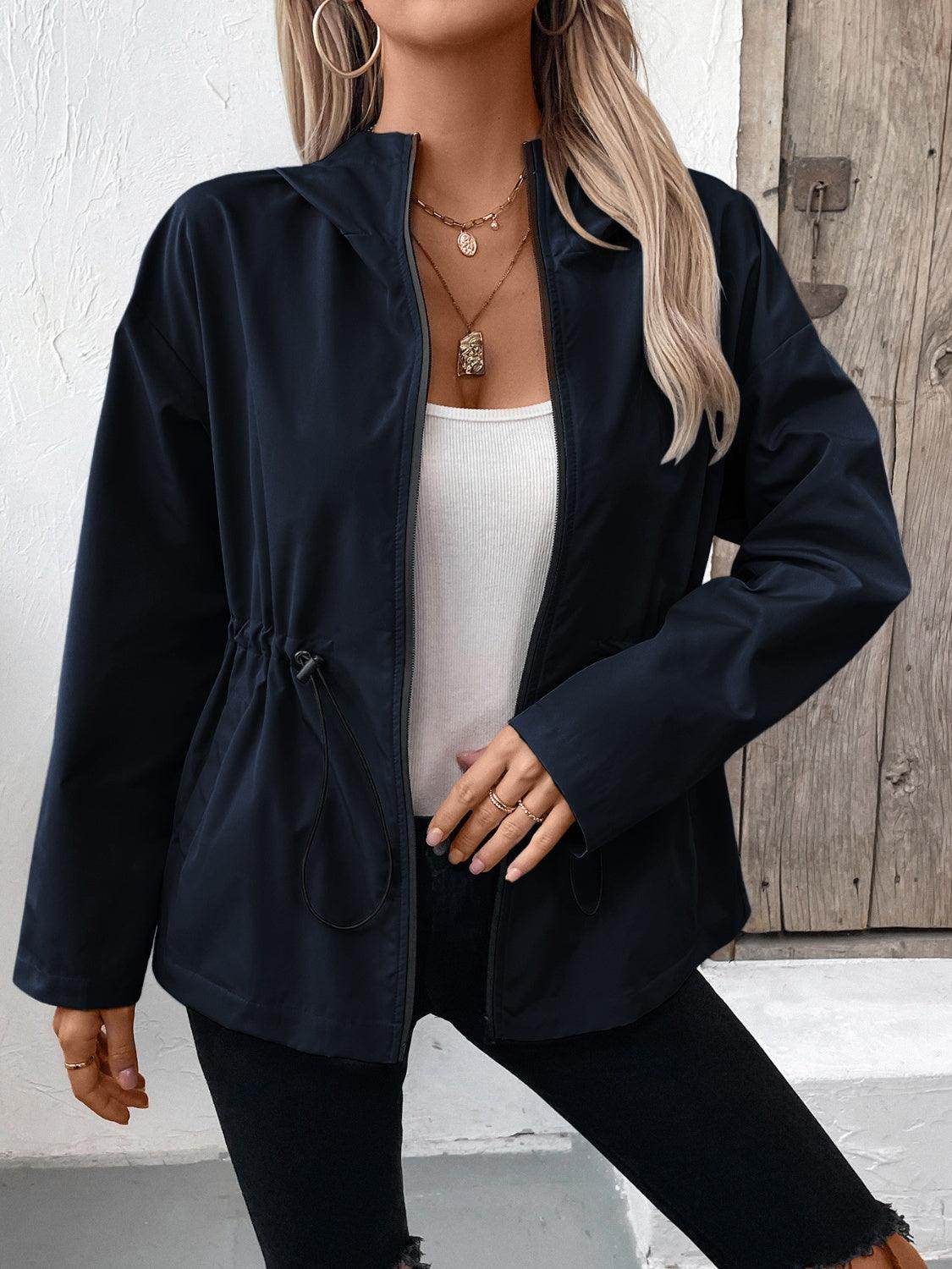 Ivy Lane Drawstring Zip Up Hooded Jacket for Women