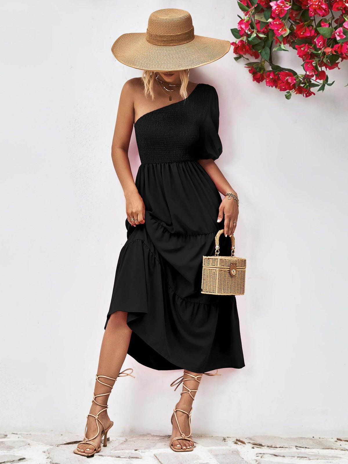 Chic Smocked One-Shoulder Midi Dress for Elegant Style