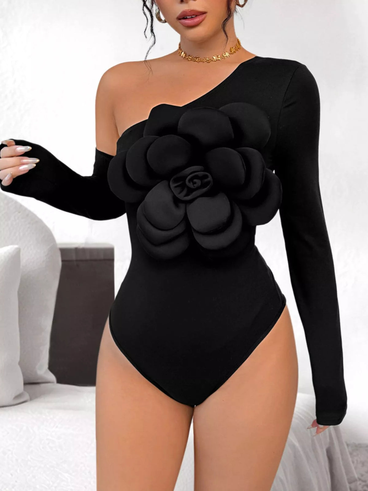Flower Long Sleeve Single Shoulder Bodysuit