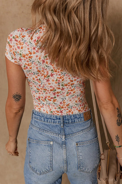 Printed Ruched Short Sleeve Bodysuit