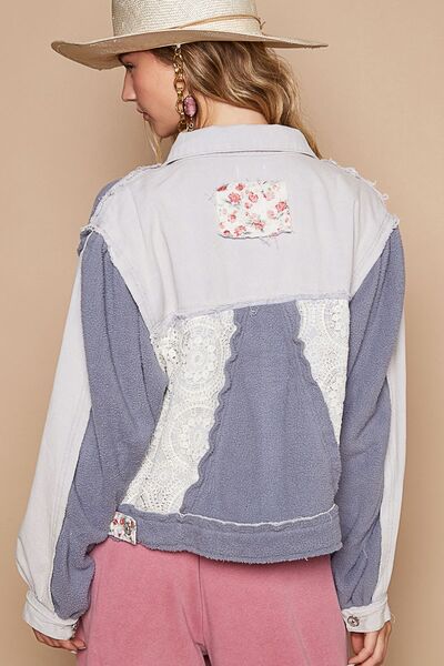 Classic Artistic Crochet Patch Exposed Seam Button Up Jacket Chic &amp; Edgy Outerwear