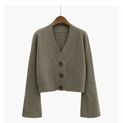 Elegance Cardigan Autumn Long Flare Sleeve Short Sweater Women Ribbed Knitted Cotton Tops Black White Ladies Soft Outwear Female