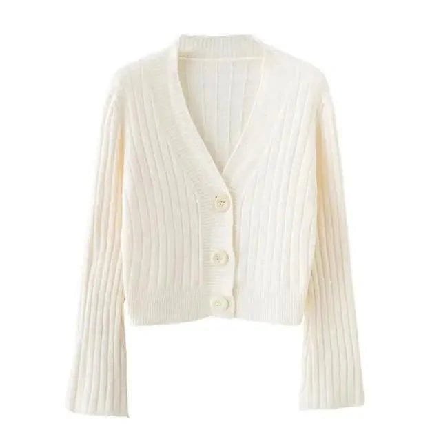 Elegance Cardigan Autumn Long Flare Sleeve Short Sweater Women Ribbed Knitted Cotton Tops Black White Ladies Soft Outwear Female