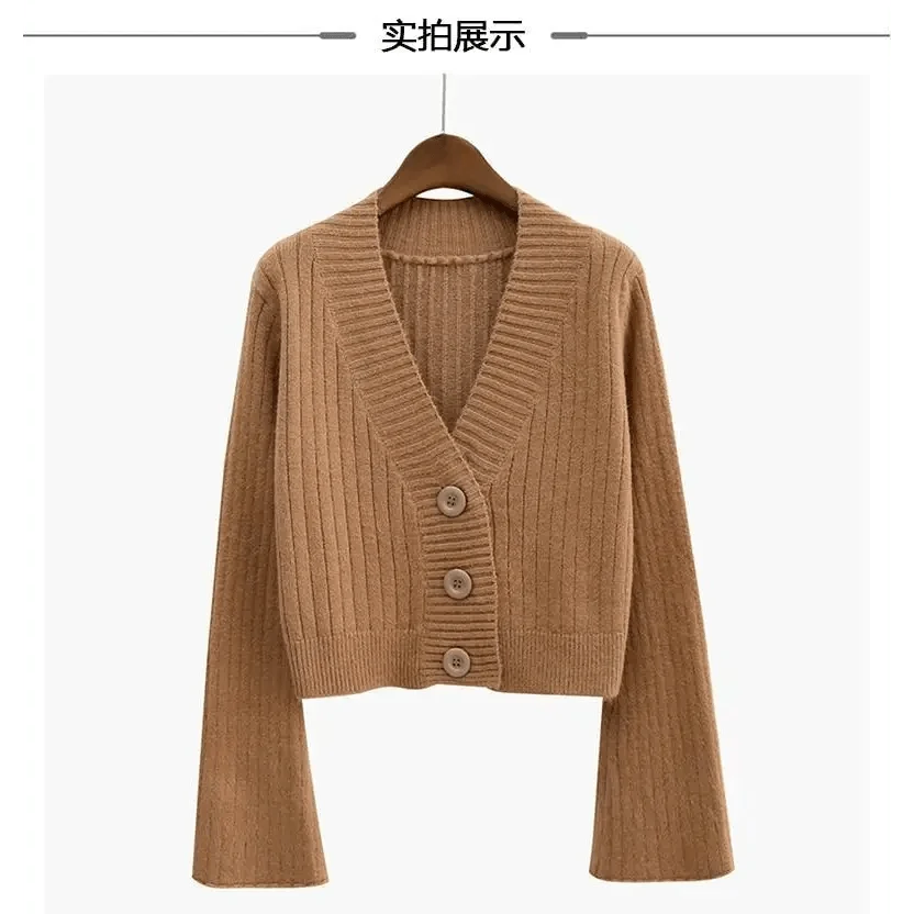 Elegance Cardigan Autumn Long Flare Sleeve Short Sweater Women Ribbed Knitted Cotton Tops Black White Ladies Soft Outwear Female
