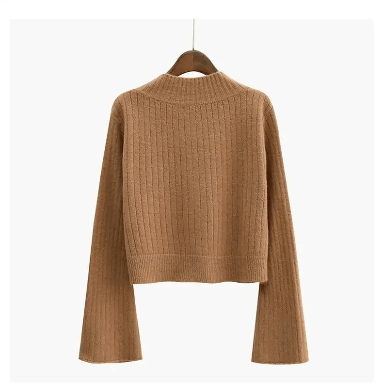 Elegance Cardigan Autumn Long Flare Sleeve Short Sweater Women Ribbed Knitted Cotton Tops Black White Ladies Soft Outwear Female