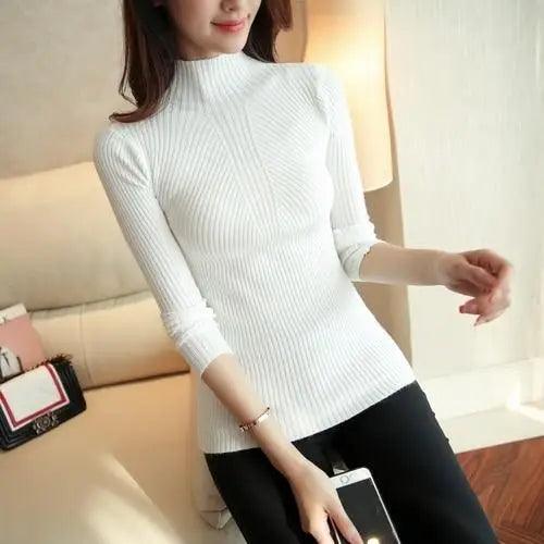 Elegance Solid White and Black Tops,Sweaters Winter Long Sleeve Turtleneck Pullovers Women&