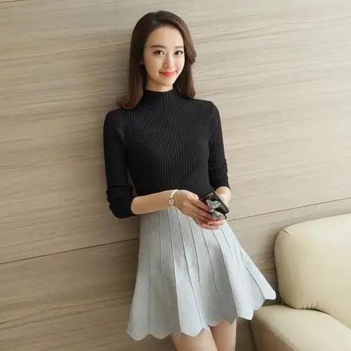 Elegance Solid White and Black Tops,Sweaters Winter Long Sleeve Turtleneck Pullovers Women&