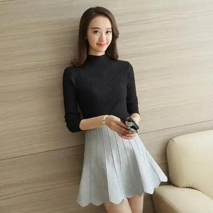 Elegance Solid White and Black Tops,Sweaters Winter Long Sleeve Turtleneck Pullovers Women&