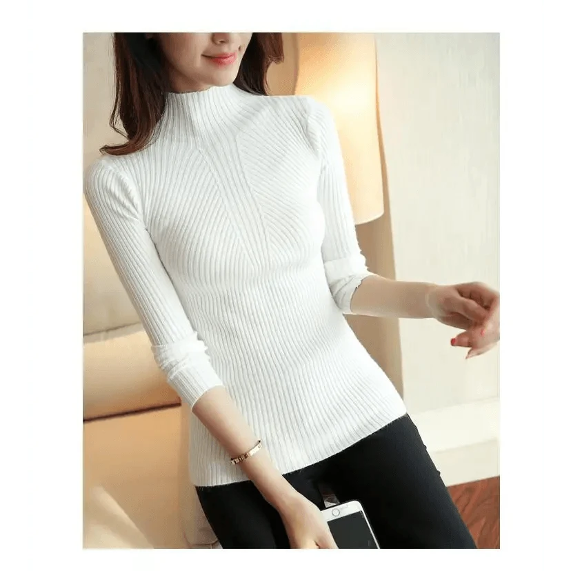 Elegance Solid White and Black Tops,Sweaters Winter Long Sleeve Turtleneck Pullovers Women&