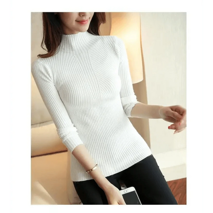 Elegance Solid White and Black Tops,Sweaters Winter Long Sleeve Turtleneck Pullovers Women&
