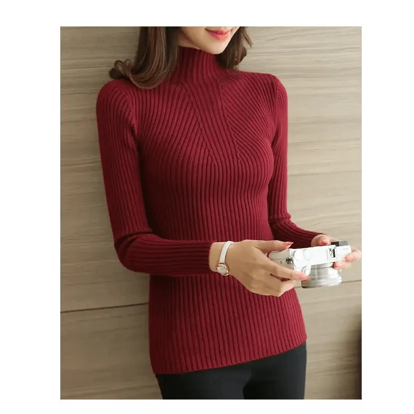 Elegance Solid White and Black Tops,Sweaters Winter Long Sleeve Turtleneck Pullovers Women&