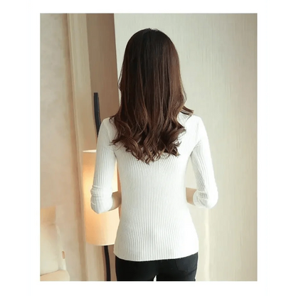 Elegance Solid White and Black Tops,Sweaters Winter Long Sleeve Turtleneck Pullovers Women&