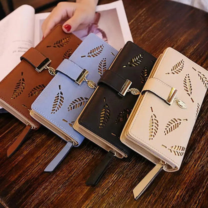 Elegant Leaf Zipper PU Leather Women Wallet Retro Card Holder Modern Design Wallet Excellent Gift