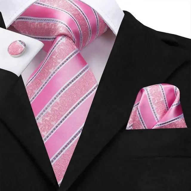 Elegant Pink Silk  Necktie Pocket Square Cufflinks Set Elegant Men&