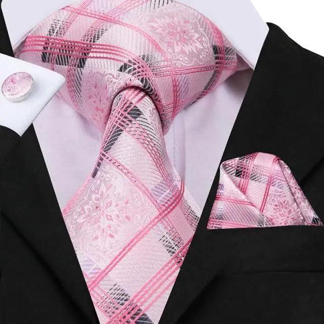 Elegant Pink Silk  Necktie Pocket Square Cufflinks Set Elegant Men&