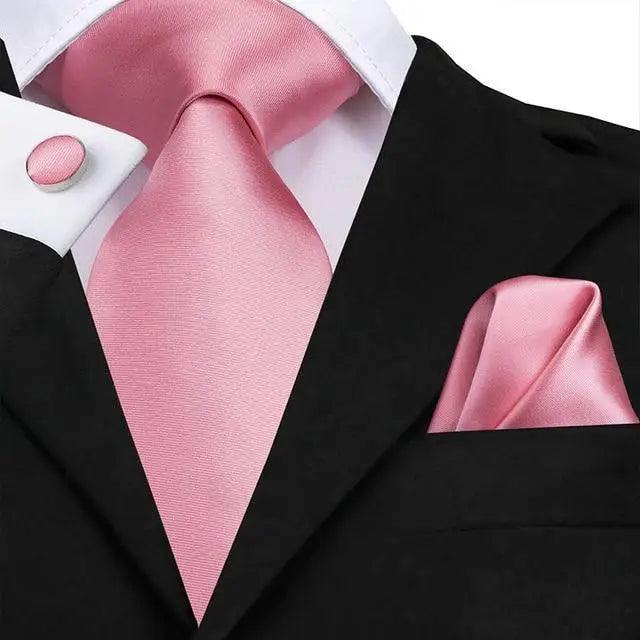 Elegant Pink Silk  Necktie Pocket Square Cufflinks Set Elegant Men&