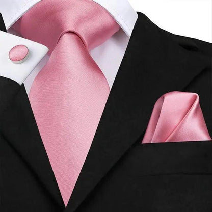 Elegant Pink Silk  Necktie Pocket Square Cufflinks Set Elegant Men&