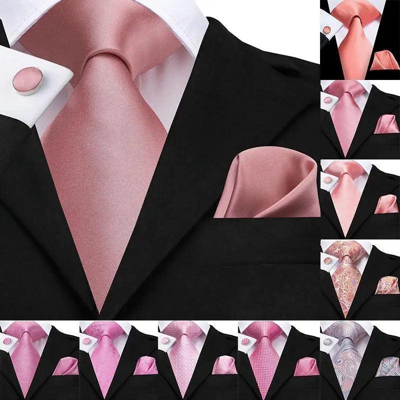 Elegant Pink Silk  Necktie Pocket Square Cufflinks Set Elegant Men&