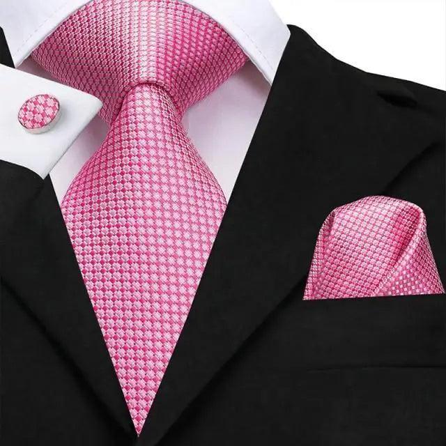 Elegant Pink Silk  Necktie Pocket Square Cufflinks Set Elegant Men&