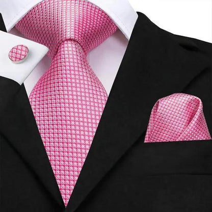 Elegant Pink Silk  Necktie Pocket Square Cufflinks Set Elegant Men&