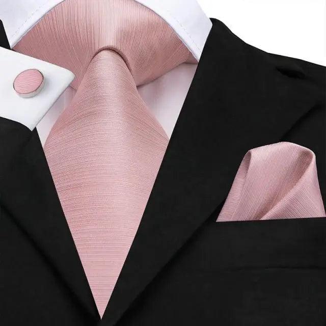 Elegant Pink Silk  Necktie Pocket Square Cufflinks Set Elegant Men&