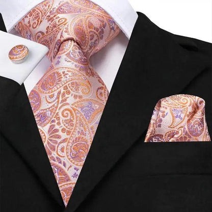Elegant Pink Silk  Necktie Pocket Square Cufflinks Set Elegant Men&