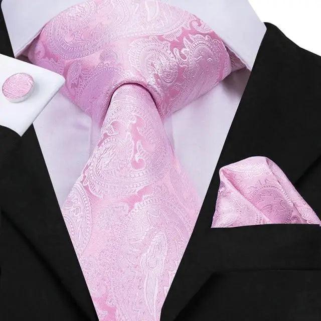 Elegant Pink Silk  Necktie Pocket Square Cufflinks Set Elegant Men&