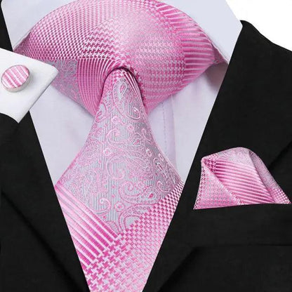 Elegant Pink Silk  Necktie Pocket Square Cufflinks Set Elegant Men&