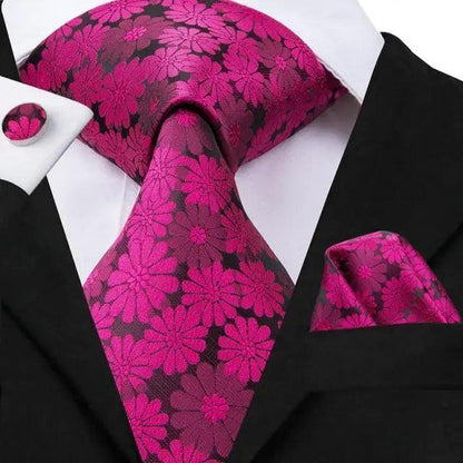 Elegant Pink Silk  Necktie Pocket Square Cufflinks Set Elegant Men&
