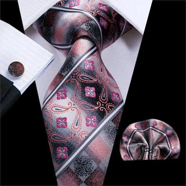 Elegant Pink Silk  Necktie Pocket Square Cufflinks Set Elegant Men&