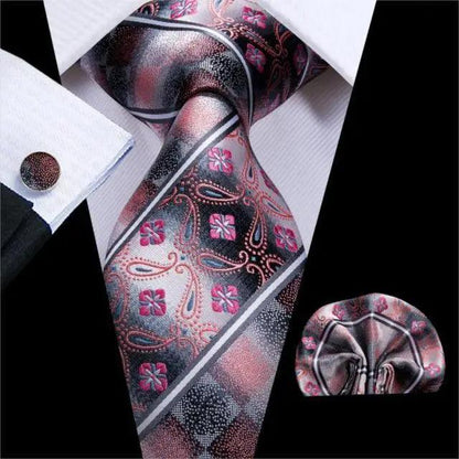 Elegant Pink Silk  Necktie Pocket Square Cufflinks Set Elegant Men&