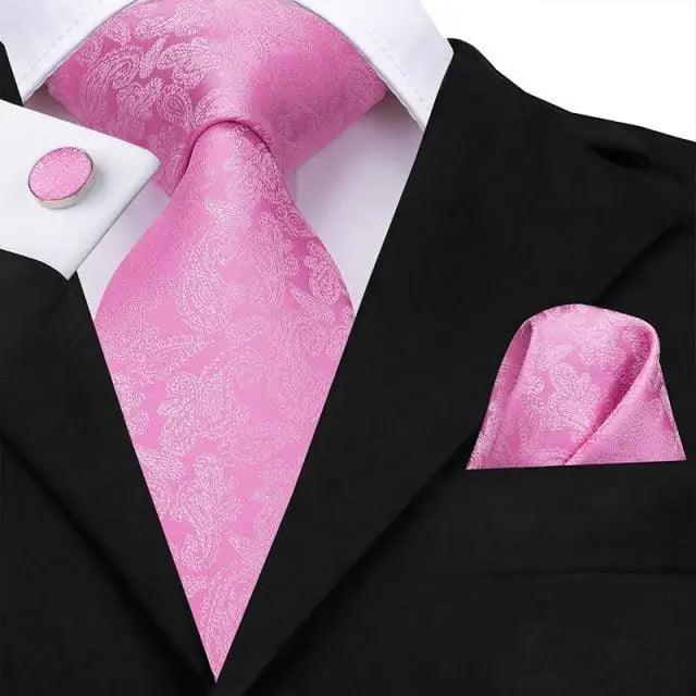 Elegant Pink Silk  Necktie Pocket Square Cufflinks Set Elegant Men&