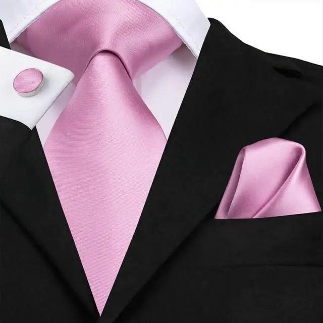 Elegant Pink Silk  Necktie Pocket Square Cufflinks Set Elegant Men&