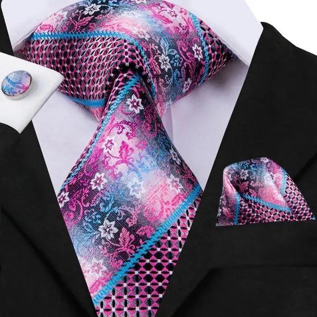 Elegant Pink Silk  Necktie Pocket Square Cufflinks Set Elegant Men&