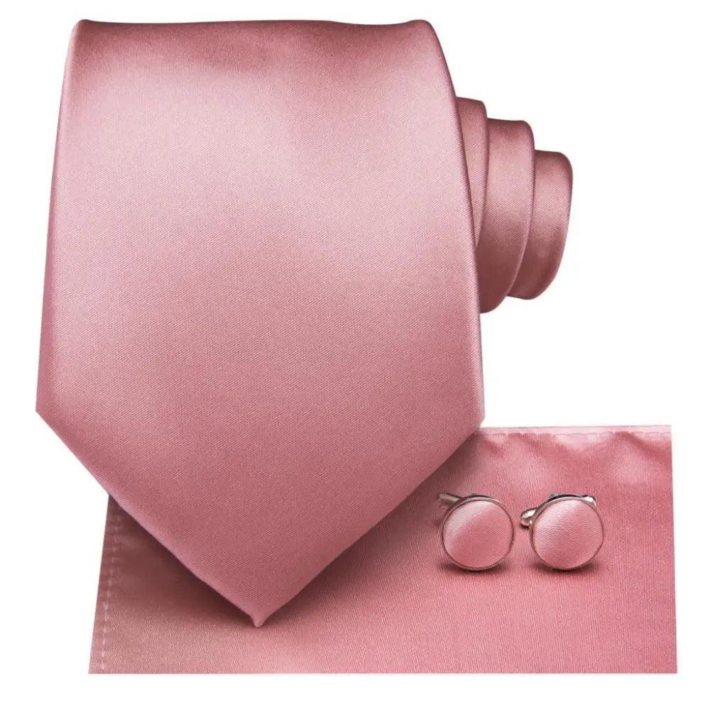 Elegant Pink Silk  Necktie Pocket Square Cufflinks Set Elegant Men&