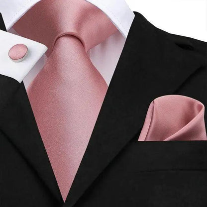 Elegant Pink Silk  Necktie Pocket Square Cufflinks Set Elegant Men&