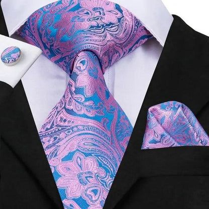 Elegant Pink Silk  Necktie Pocket Square Cufflinks Set Elegant Men&