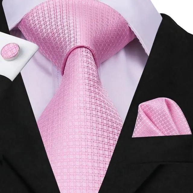 Elegant Pink Silk  Necktie Pocket Square Cufflinks Set Elegant Men&